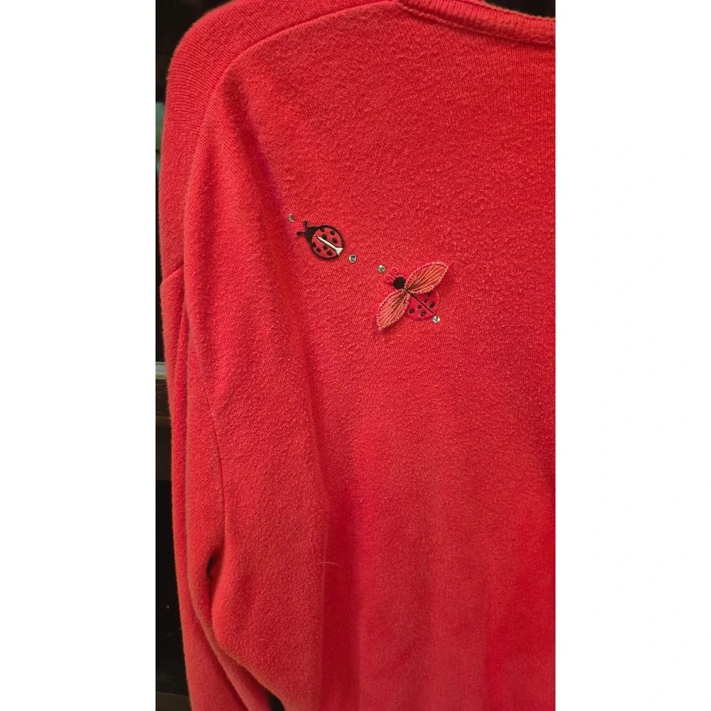 Vintage Las Olas Red Cotton Twinset Ladybug Embroidered Cardigan Shell XL USA